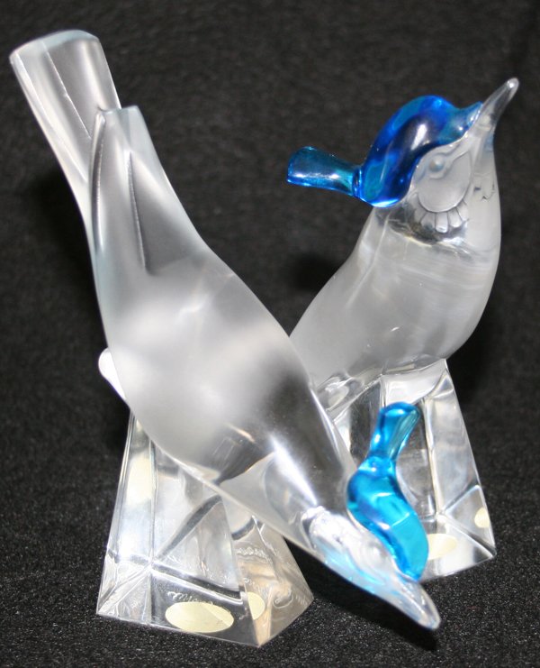 LALIQUE CRYSTAL BLUE JAYS, PAIR, H 4 1/2"