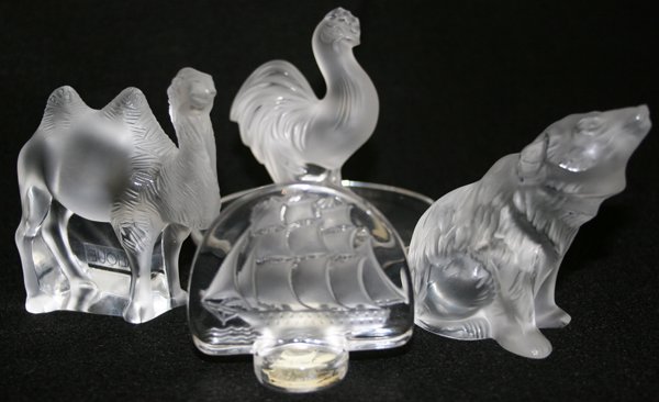 LALIQUE CRYSTAL BEAR, ROOSTER, CAMEL & PLAQUE