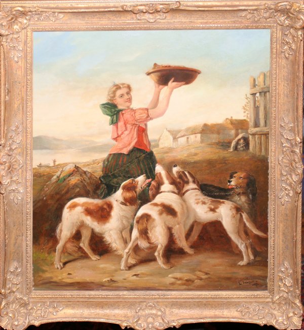 LEIGH SAMPSON OIL ON CANVAS GIRL WITH DOGS