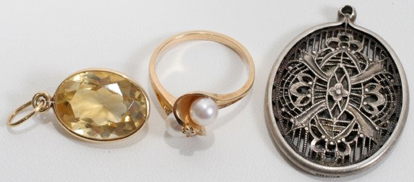 CITRINE PENDANT, PEARL RING, STERLING PENDANT
