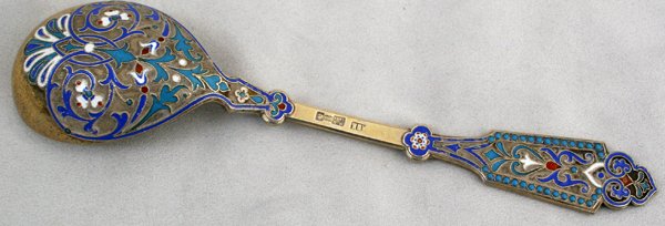 RUSSIAN ENAMEL, SILVER & VERMEIL SAUCE SPOON