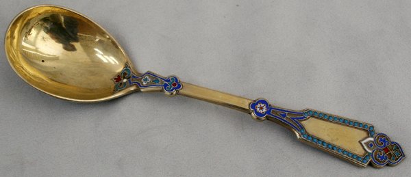 RUSSIAN ENAMEL, SILVER & VERMEIL SAUCE SPOON - 2