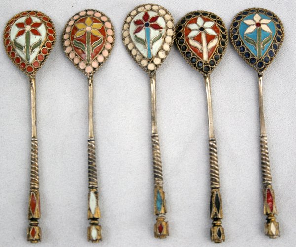 RUSSIAN ENAMEL & SILVER DEMITASSE SPOONS