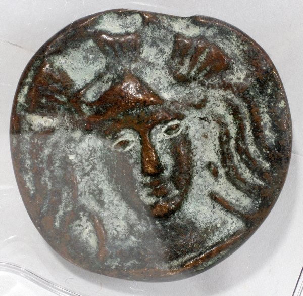 GREEK BRONZE COIN; ANCIENT PORTRAIT/COW, 6MM