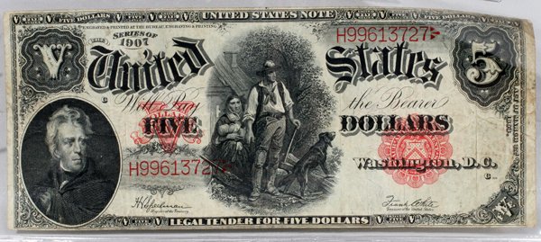 US PAPER CURRENCY NOTE $5.00, H99613727 RED