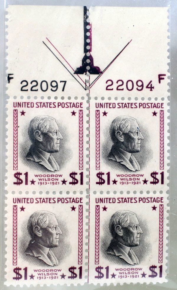U.S. POSTAGE PLATE BLOCK $1.00 STAMPS, #A304: U.S. POSTAGE PLATE BLOCK $1.00 STAMPS, #A304, PL#F-22097/#22094-F OG, NH, UNUSED MINT, 1938, 1:United States plate block of four stamps; one dollar stamps. Scott # A- 304, no hinge, original gum, unus