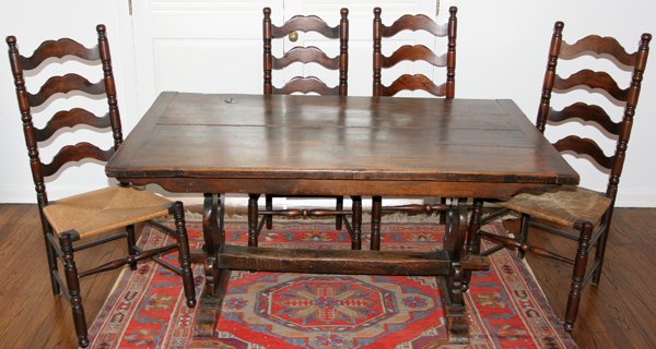 CARVED OAK TRESTLE TABLE & SIX MAPLE CHAIRS