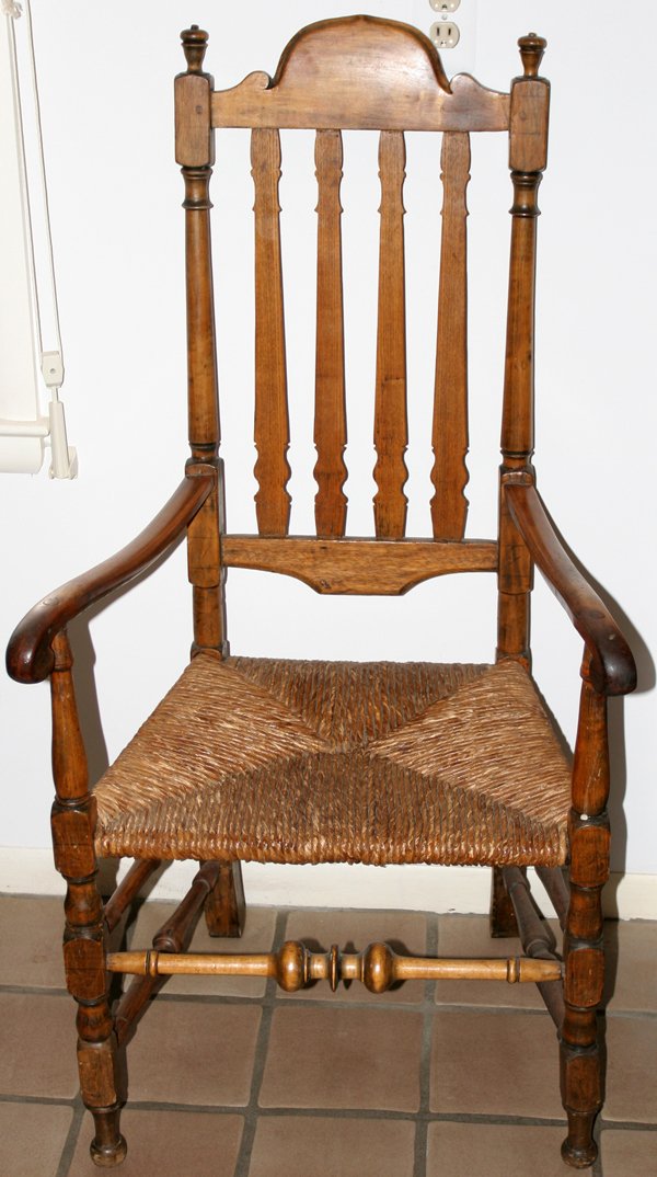 OAK BANNISTER-BACK ARMCHAIR WITH RUSH SEAT