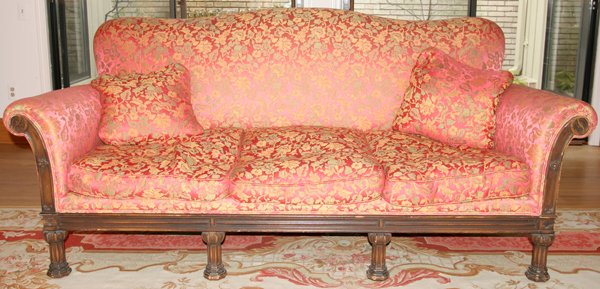 ENGLISH STYLE OAK & SILK-UPHOLSTERED SOFA