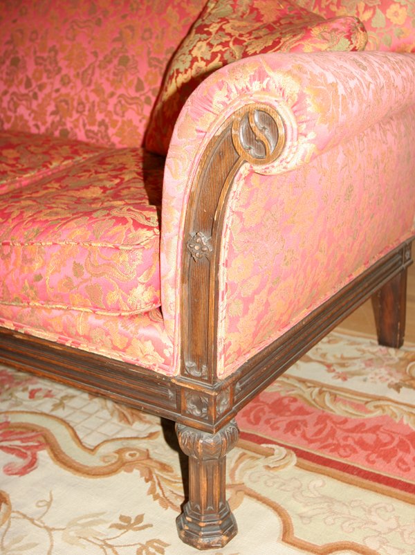 ENGLISH STYLE OAK & SILK-UPHOLSTERED SOFA - 2