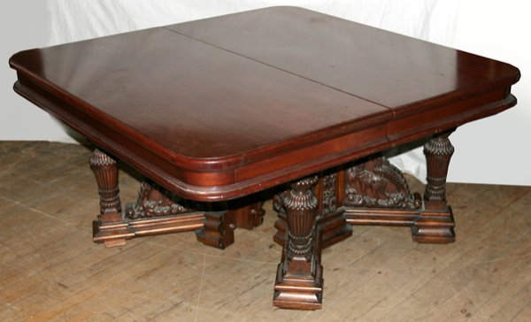 EDWARDIAN CARVED MAHOGANY DINING TABLE C.1900