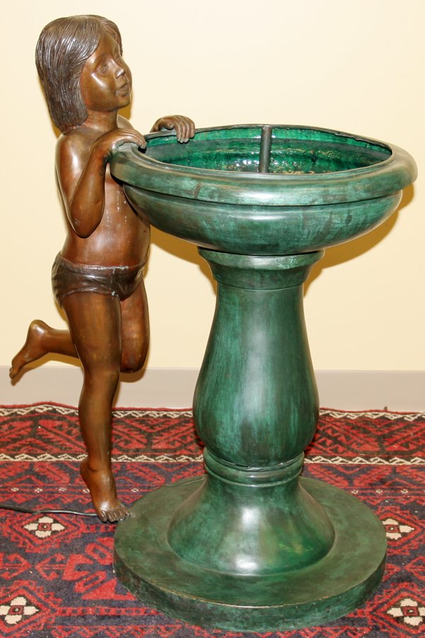 BRONZE FOUNTAIN GIRL STANDING AT A BIRD BATH