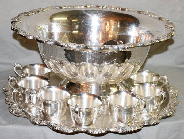 Towle Silverplate Punch Bowl, Tray, Cups