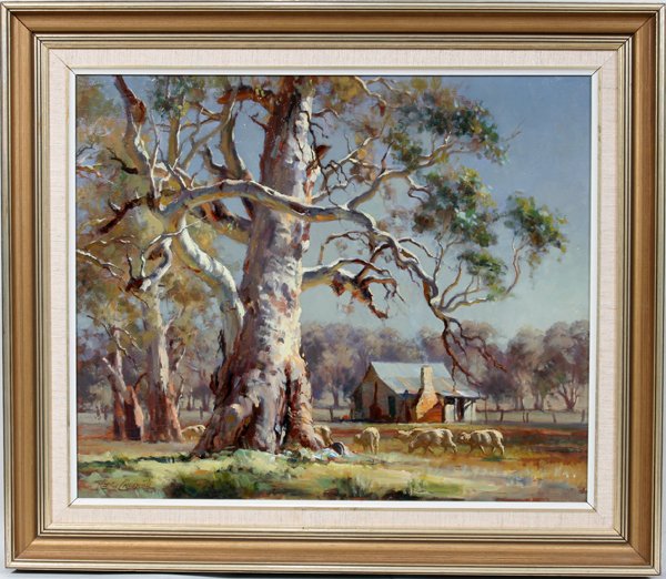 R.E.CAMPBELL OIL SHEEP & HOUSE IN LANDSCAPE