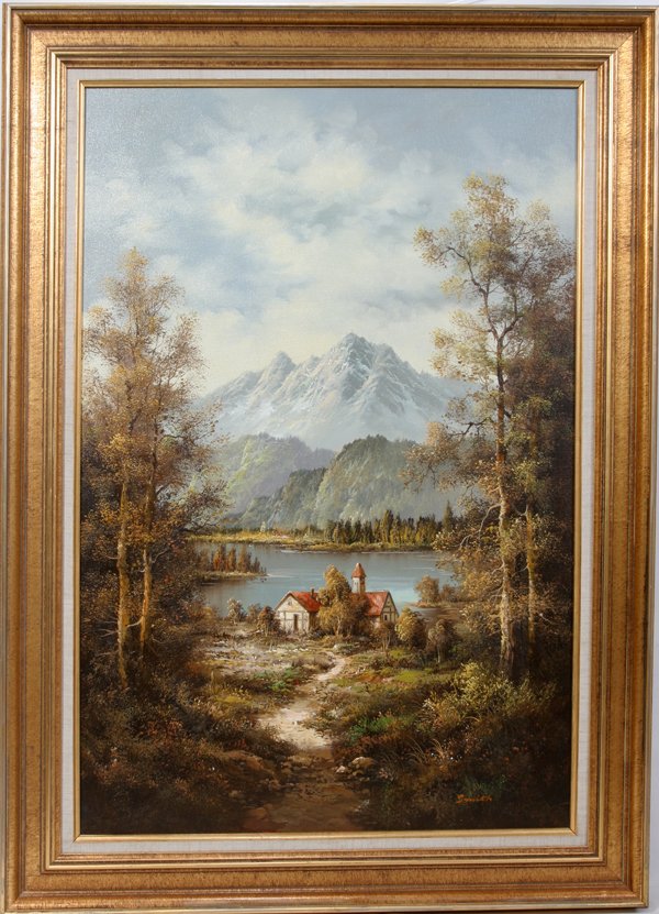 H.SMITH OIL MOUNTAIN LANDSCAPE W/LAKE & HOUSE