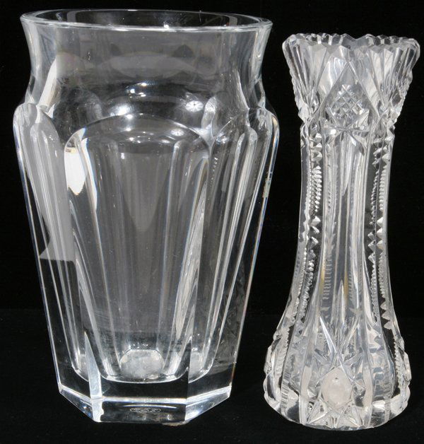 FRENCH BACCARAT CRYSTAL VASE & A BUD VASE: FRENCH BACCARAT CRYSTAL VASE, CUT GLASS BUD VASE, TWO, H 5", DIA 3":Hand stamped "baccarat" on bottom.