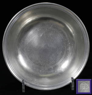 AMERICAN PEWTER BOWL, JOHN BASSETT, CIRCA 1750,: Marked I.B. in a circle at the underside. Purchased from T D Williams, Litchfield, Conn. Ex collection of Helen Muehlenbeck. John Bassett Baptized in 1696, died in 1761. "There may have been in the