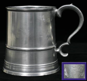 AMERICAN PEWTER TANKARD, SAMUEL HAMLIN, H 4 1/2: Touch mark near handle. Ex collection of Helen Muehlenbeck.