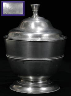 AMERICAN PEWTER COVERED SUGAR BOWL, WILLIAM WIL: Fine beaded edge at foot and midsection. Similar to salt dip #15 and soup ladle #153. Ex collection of Helen Muehlenbeck. Purchased from T Williams for $5500.