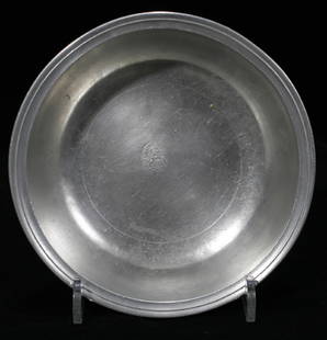 AMERICAN PEWTER BASIN, HENRY WILL, H 1 1/2", DI: Touch mark at the center interior. "Henry Will" over crown and rose. Purchased from T. Williams Antiques for $1500. in 4/72.