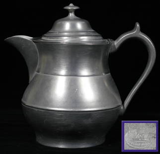 AMERICAN PEWTER COFFEE POT, BOARDMAN, H 8", L 9: Bulbous shape, Boardman mark below figure of a dog.