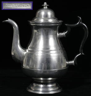 AMERICAN PEWTER COFFEE POT, G. RICHARDSON, CRAN: Baluster-form with wood handle, domed lid. Impressed Boardman on bottom. Ex collection of Helen Muehlenbeck.