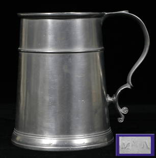 AMERICAN PEWTER TANKARD, ATTRIBUTED TO JOHN SKI: Attributed to John Skinner, having a scroll handle, Touchmark of flower inside base. Initials "MN on thumb r