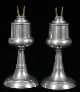 PEWTER WHALE OIL LAMPS, PAIR, H 9 1/2": No touch marks. Ex collection of Helen Muehlenbeck.