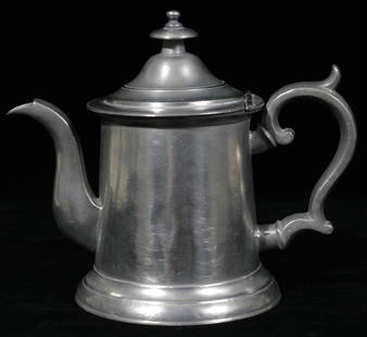 AMERICAN PEWTER COFFEE POT, MOREY & OBER, BOSTO: Cylindrical with tapering sides, tiered cover, scroll handle, goose neck spout. Good crisp touch marks.