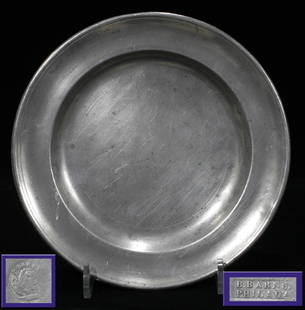 AMERICAN PEWTER PLATE, B.BARNES, PHILADELPHIA,: B Barnes over eagle in circle. And then banner with B Barnes Philadelphia.