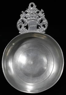 AMERICAN PEWTER PORRINGER BY THE BOARDMANS, T.D: Ex collection of Helen Muehlenbeck. Crown motif handle with initials TD&SB.