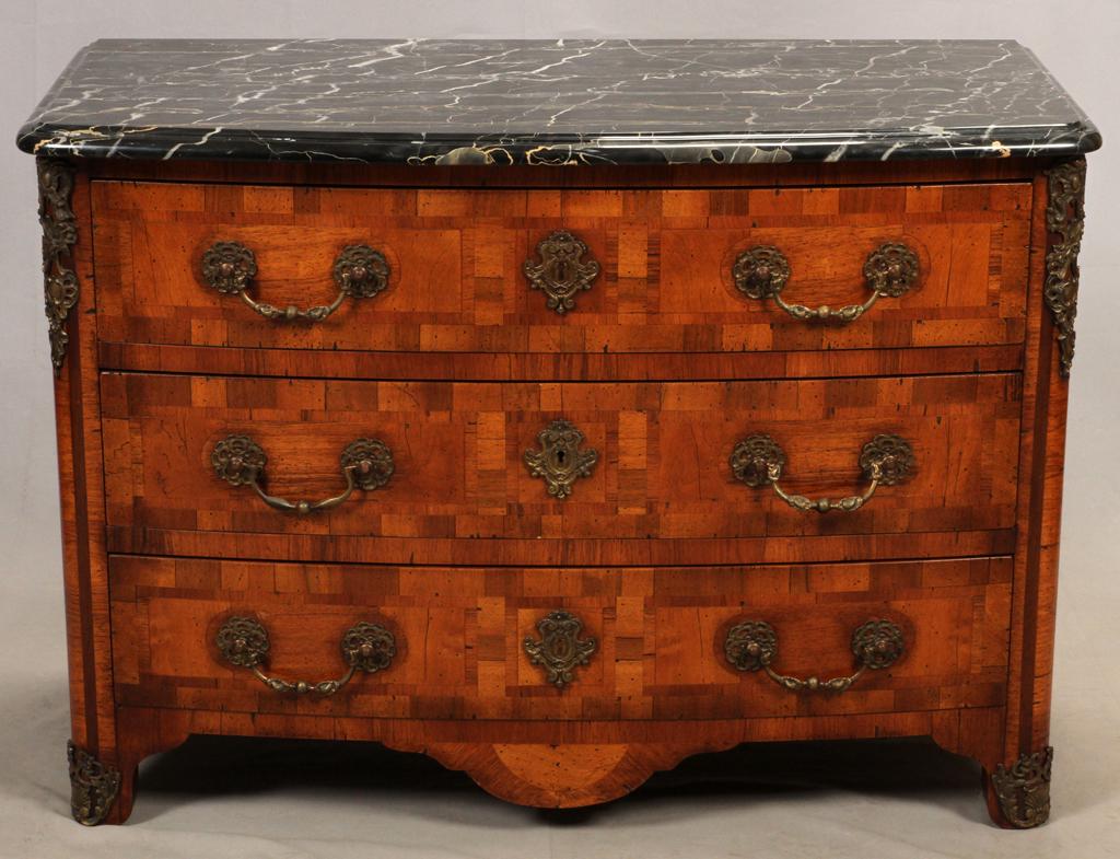 FRENCH MARBLE TOP 3 DRAWER CHEST, 20TH C.: FRENCH MARBLE TOP 3 DRAWER CHEST, 20TH C., H 32", W 45", D 22.5" Having marquetry facades on the drawers and skirt, brass ormolu and hanging brass pulls. Black beveled marble top.