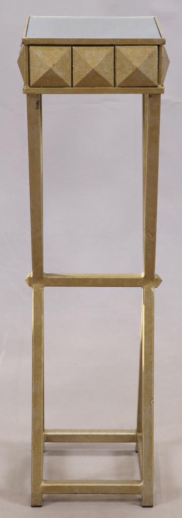 ART DECO BRONZE, GLASS TABLE H 42", W 11", D 11": ART DECO BRONZE, GLASS TABLE H 42", W 11", D 11" An Art Deco bronze table augmented with a pyramid skirt and cross-form legs. Having a mirrored surface.