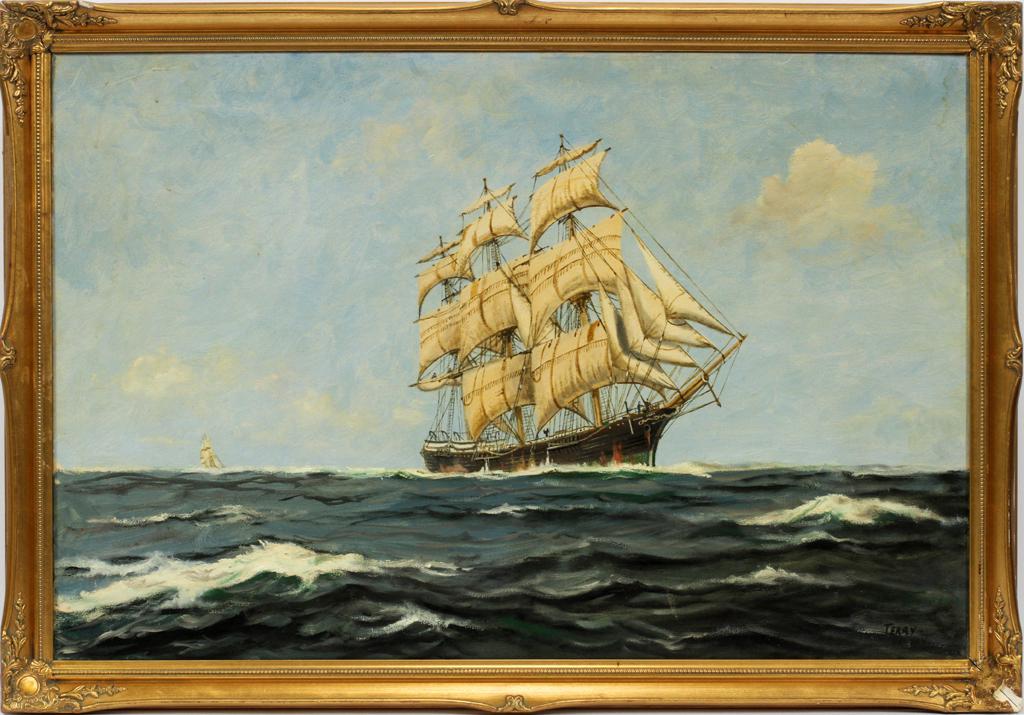 TERRY DAWSON OIL ON CANVAS, C. 1930: TERRY DAWSON (ENGLISH, 20TH C.), OIL ON CANVAS, C. 1930, H 24", W 36", "THE WINDSOR CASTLE" Oil on canvas titled "The Windsor Castle" by Terry Dawson. Depicting a clipper ship. Giltwood frame measures