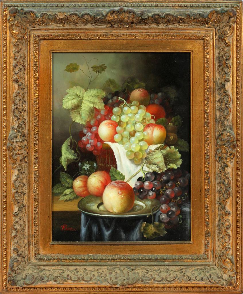 RANKIN, OIL ON WOOD PANEL, STILL LIFE, C. 1950: RANKIN, OIL ON WOOD PANEL, STILL LIFE, C. 1950, H 16", W 12" Frame 24" x 20". Signed Rankin lower left. Detail composition of peaches, grapes on a table display.