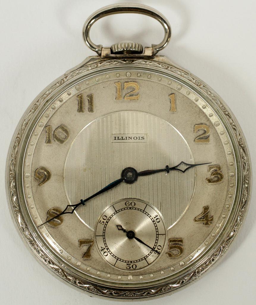 ILLINOIS, OPEN FACE POCKET WATCH: ILLINOIS, OPEN FACE POCKET WATCH, DIA 1.75", T.W. 49 GR An Illinois pocket watch. Engraved bezel and monogrammed "ESM" to the back of the case. Gold Arabic numerals with a seconds dial at 6 o'clock. m
