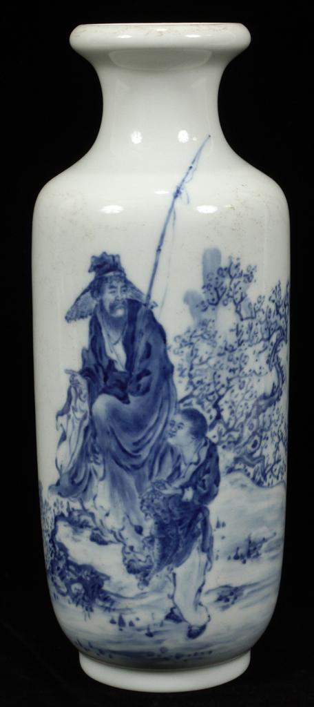 CHINESE REPUBLICAN BLUE & WHITE VASE: CHINESE REPUBLICAN BLUE & WHITE VASE, H 13", DIA 5" Having a white ground, flared rim opening to a larger tapered cylindrical body. Depicts an old man with a fishing pole next to a child, with a Chine