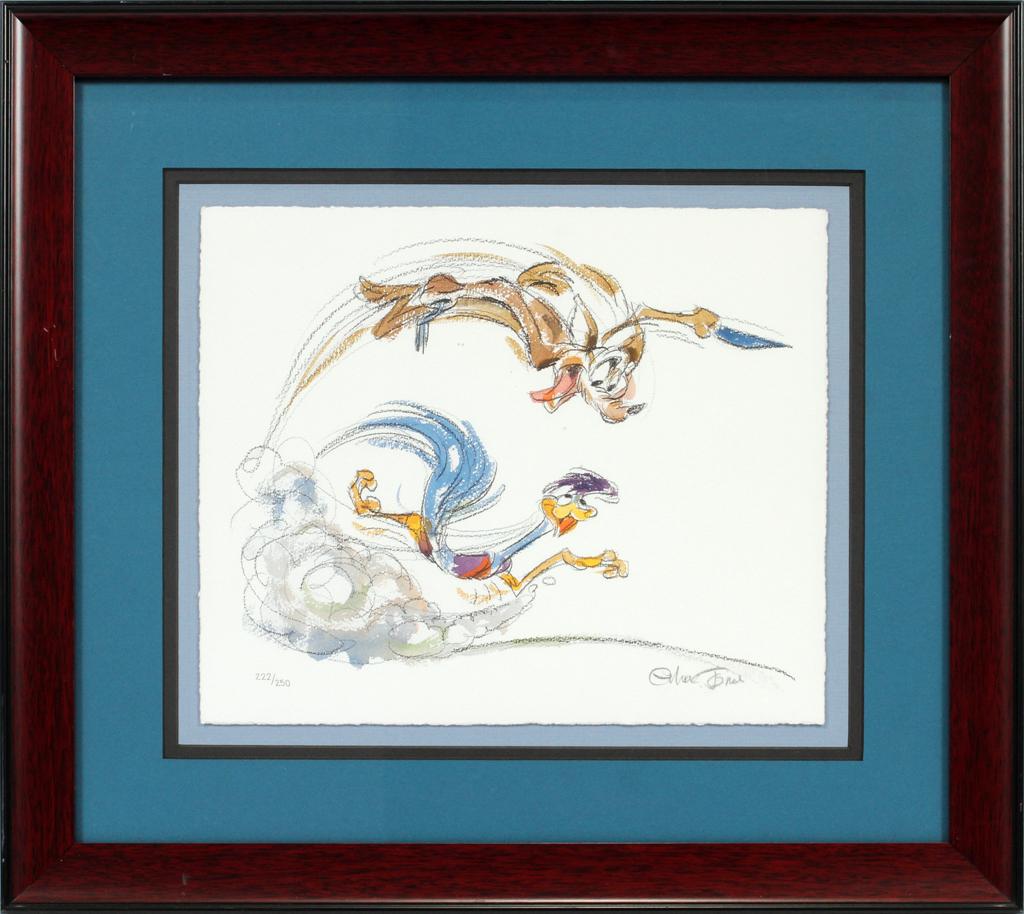 CHUCK JONES SIGNED DISNEY PAINTING, 222/250: CHUCK JONES, SIGNED DISNEY PAINTING, 222/250, H 10 1/2", W 12 1/2", "BIRD'S EYE VIEW" A Disney concept painting. Pencil signed by Chuck Jones lower right, 222/250 lower left. Framed and matted under g