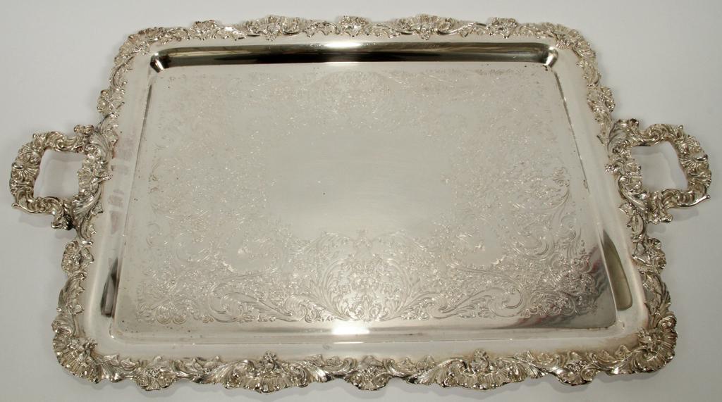 WEBSTER WILCOX SILVER PLATE TRAY, W 28", D 17": WEBSTER WILCOX SILVER PLATE TRAY, W 28", D 17"A Webster Wilcox silver plate tray. Signature branding to the underside.