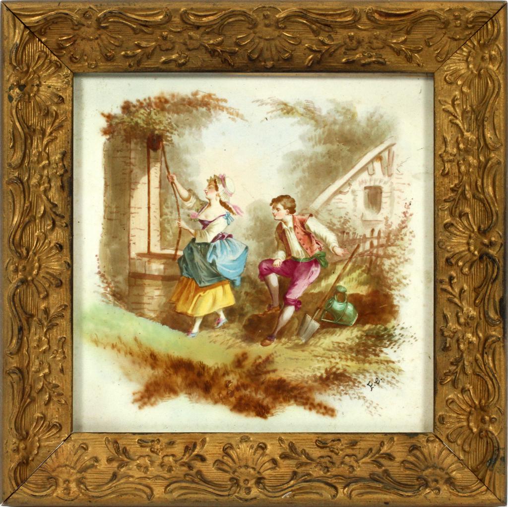 PAINTING ON TILE, 19TH C., H 7.5", W 7.5": PAINTING ON TILE, 19TH C., H 7.5", W 7.5" Courting scene near a well. Carved giltwood frame measures 10" x 10.5". Signed in monogram.