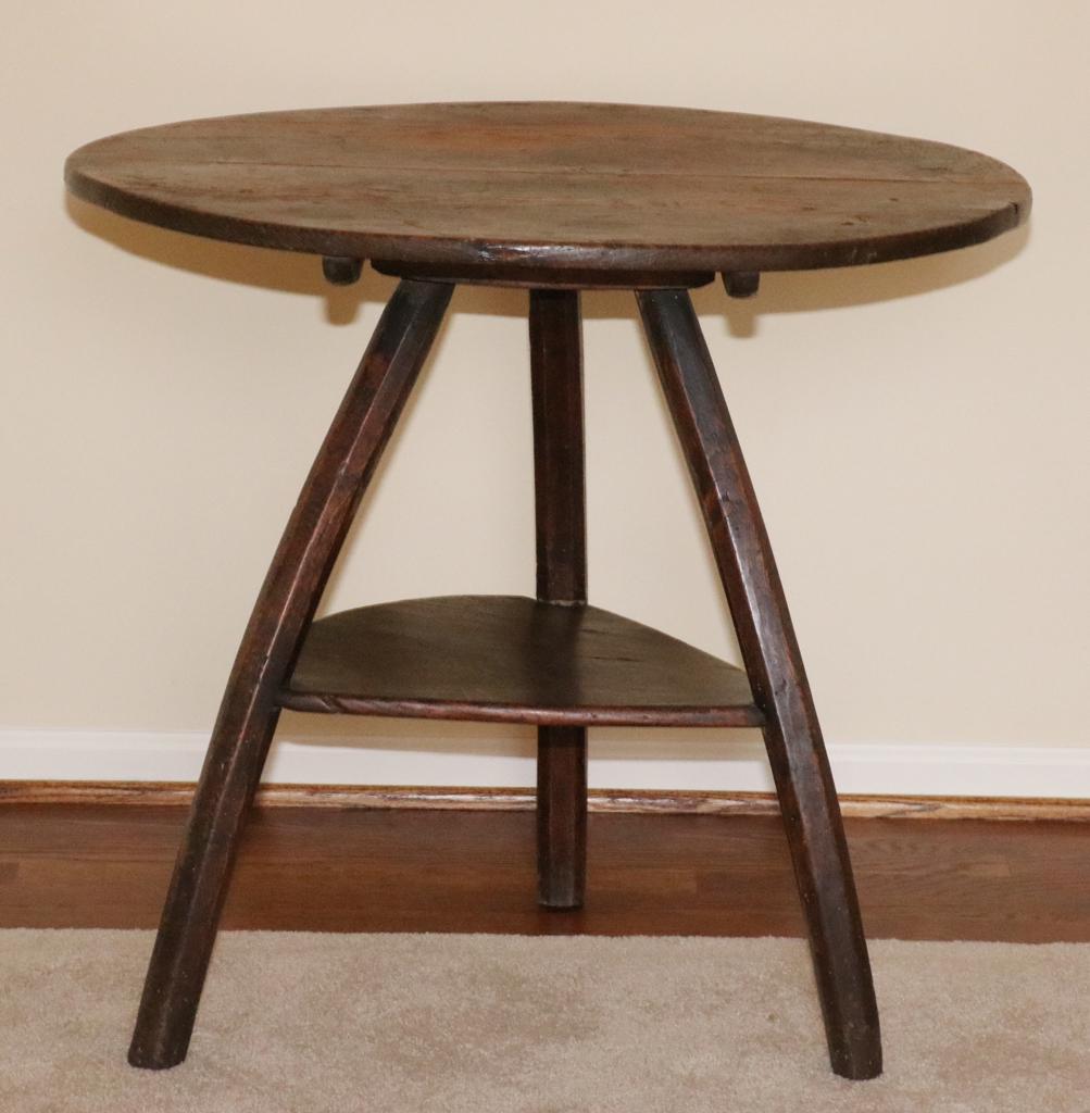 CRICKET TABLE, 19TH C, H 27", DIA 30": CRICKET TABLE, 19TH C, H 27", DIA 30"A three-legged cricket table, having a round top with three round bentwood legs reinforced with a triangular-shaped stretcher shelf.