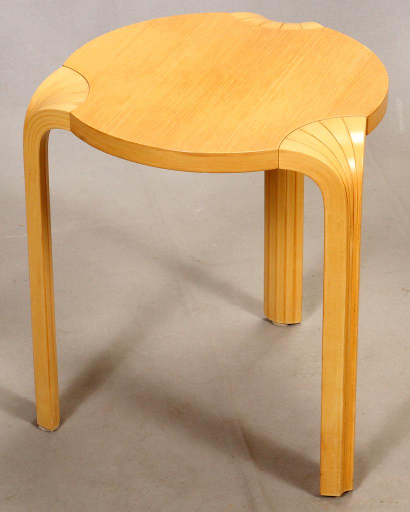 IN THE STYLE OF ALVAR AALTO COCKTAIL TABLE: IN THE STYLE OF ALVAR AALTO, FINNISH, COCKTAIL TABLE, 1980, H 18", DIA 19" In the style of Alvar Aalto (Finland). Three laminated birch legs with ash wood tops, Finland, ca.1980s. No labels or marks.