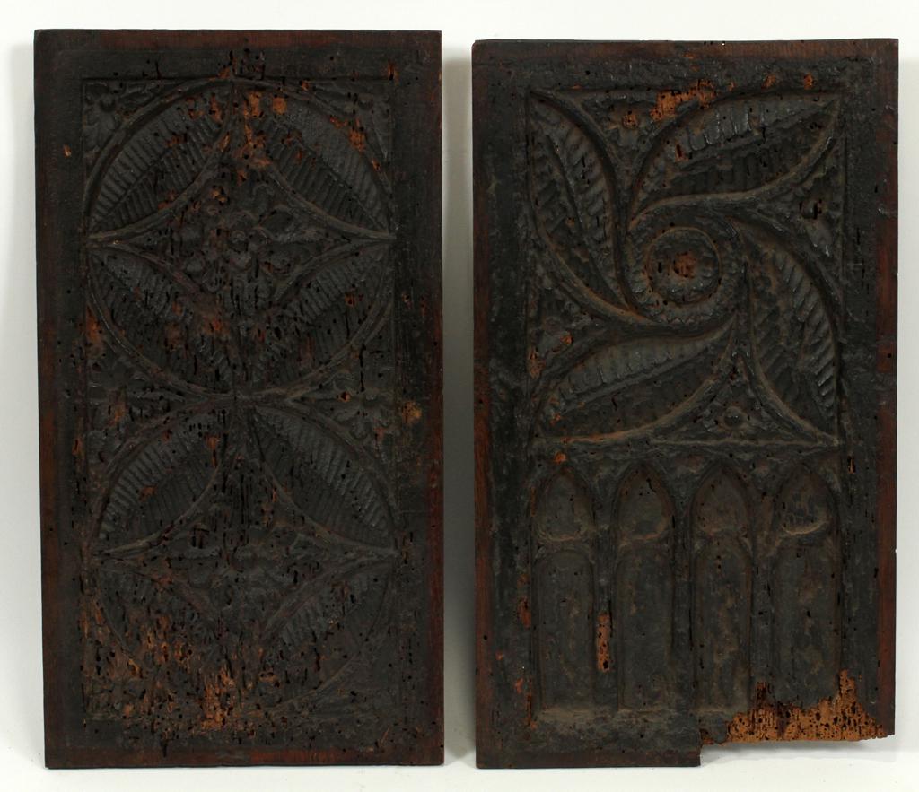 GOTHIC WALNUT ARCHITECTURAL DETAILS, 17TH C, 2 PCS: GOTHIC WALNUT ARCHITECTURAL DETAILS, 17TH C, 2 PCS, H 15.5", W 8"A pair of 17th century Gothic walnut panels. With backing measures H 16.5" x W 9.5". Property of Robert Schweizer, Ann Arbor.