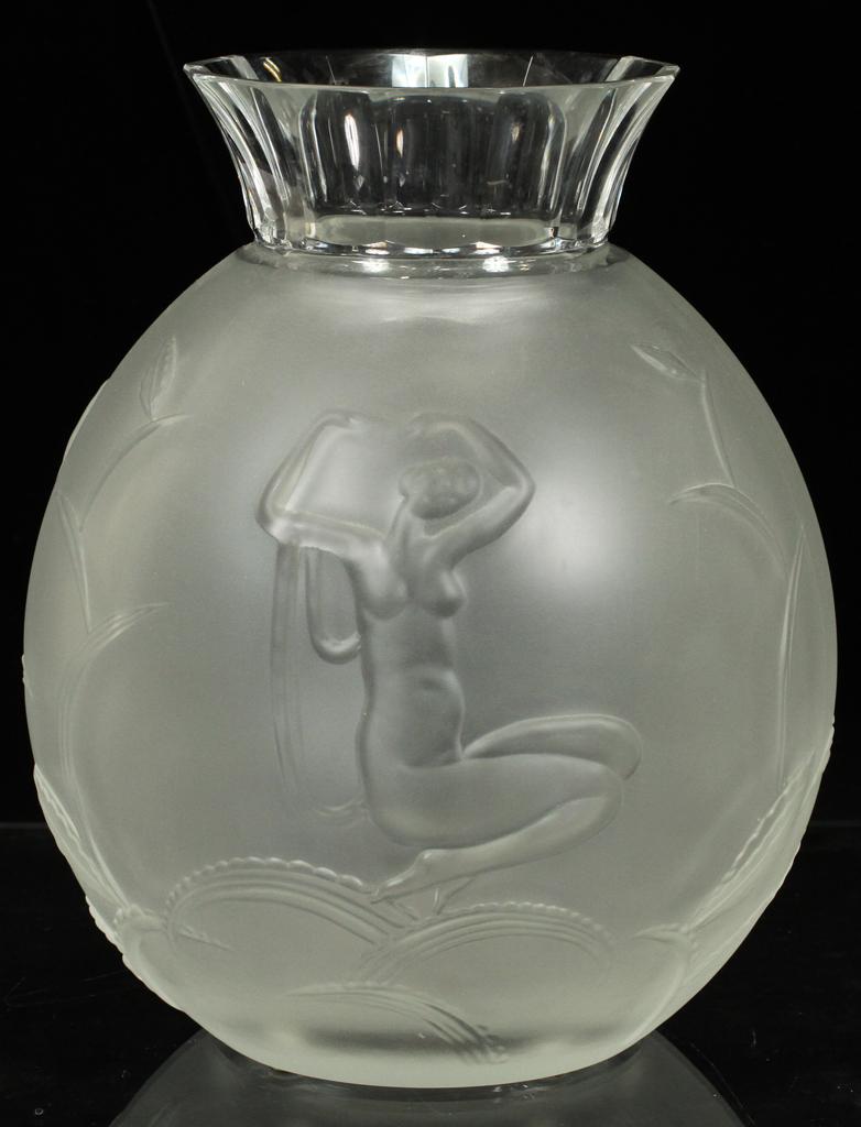 DESNA (CZECH) CRYSTAL VASE, H 11", DIA 8": DESNA (CZECH) CRYSTAL VASE, H 11", DIA 8"A Desna frosted crystal vase. Having stylized Neoclassical motifs to the bodice. Having a label and etched brand to the underside.