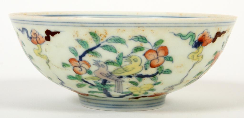 CHINESE EGGSHELL PORCELAIN BOWL, SIGNED: CHINESE EGGSHELL PORCELAIN BOWL, SIGNED, DIA 4.75" The bowl has a hand-painted motif of birds on flowering branches, on the body and at the well, it is signed at the base. The bowl measures H 1 7/8" a