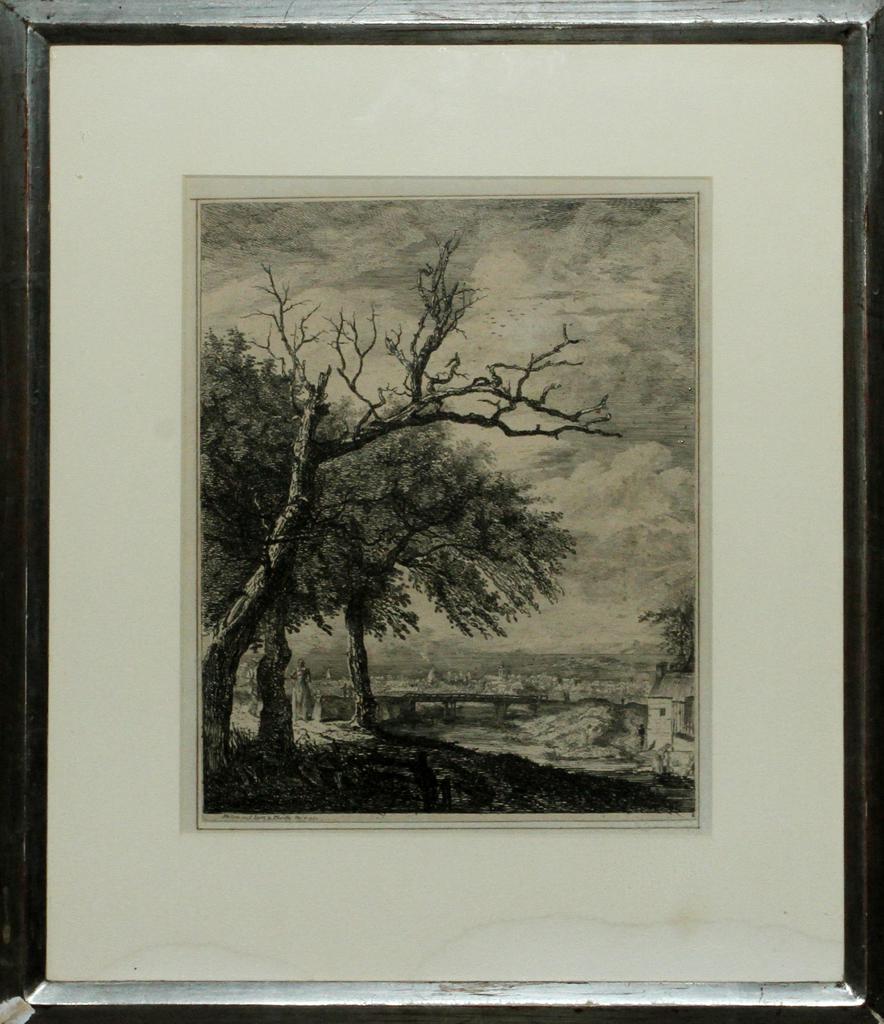 PAUL SANDBY ETCHING ON PAPER, 18TH C: PAUL SANDBY (BRITISH, 1731-1809), ETCHING ON PAPER, 18TH C, H 8.5", L 6.75" An 18th century etching on paper by Paul Sandy. Frame measures H 14" x L 12". Artist's signature and date ("Sep' 6 1750") to