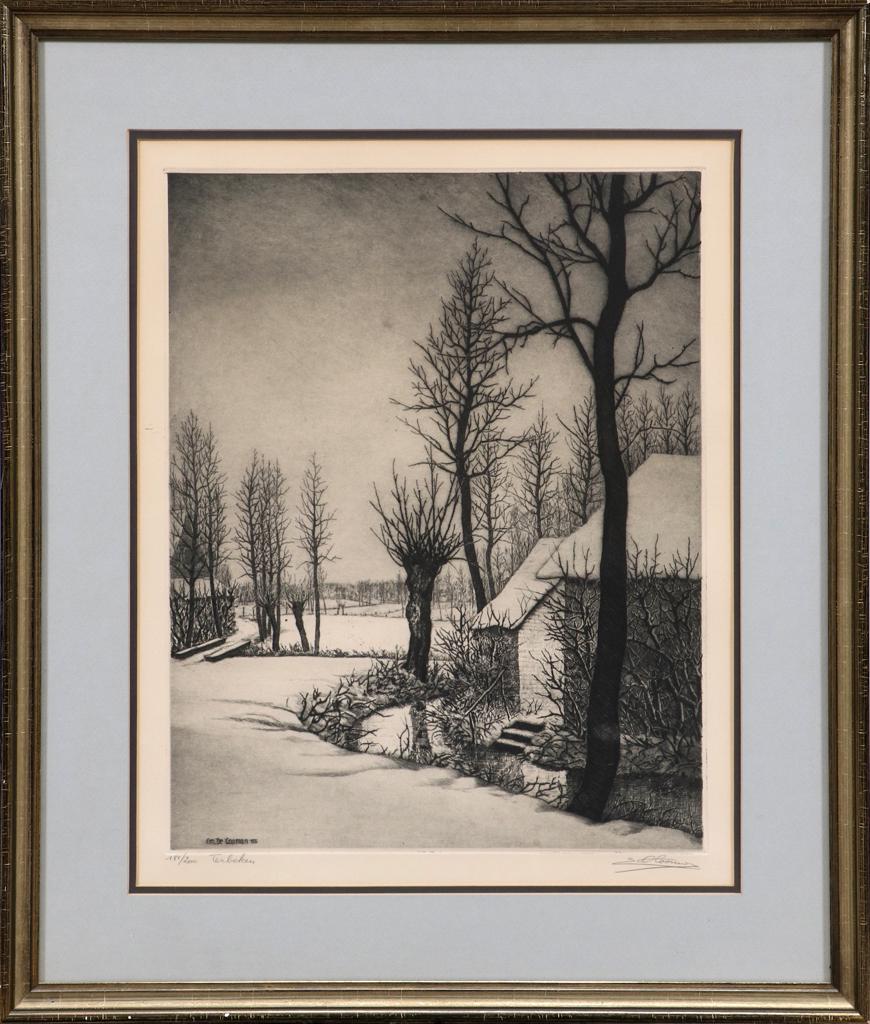 EMIEL DE COOMAN MEZZOTINT ETCHING ON PAPER: EMIEL DE COOMAN (BELGIAN, B. 1922), MEZZOTINT ETCHING ON PAPER, H 19", L 15", "TERBEKEN" A mezzotint etching on paper titled "Terbeken" by Emiel de Cooman. Depicting a rural winter landscape. Artist's