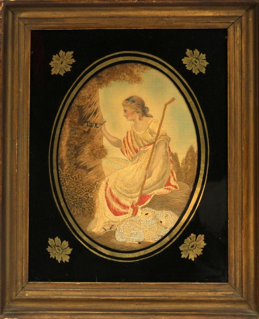 STUMPWORK HANDWOVEN SHEPHERDESS, 18TH C.: STUMPWORK HANDWOVEN SHEPHERDESS, 18TH C., H 8", L 6"Depicting a shepherdess. Silk on silk needlework. Frame measures, H 13.5" x L 11". Property of Robert Schweizer, Ann Arbor.