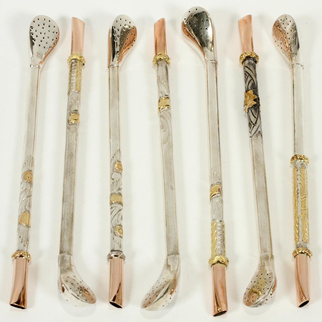 SOUTH AMERICAN 800 SILVER BOMBILLA STRAWS, 7 PCS: SOUTH AMERICAN 800 SILVER BOMBILLA STRAWS, 7 PCS L 8.25" A set of seven South American 800 silver bombilla straws augmented with gold and copper plating. Marked 800 and MH. Used for drinking yerba mat