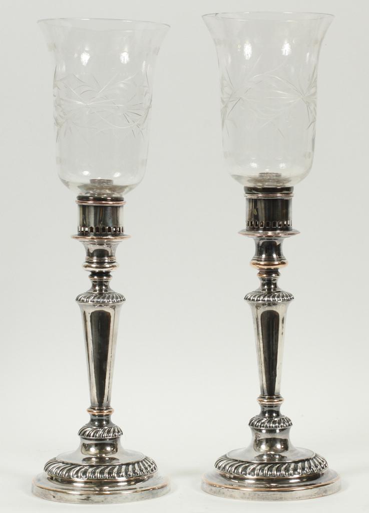 SHEFFIELD PLATE CANDLE STICKS, C. 1850, PAIR: SHEFFIELD PLATE CANDLE STICKS, C. 1850, PAIR, H 13" Gadroon edge, plated on copper. Some copper is showing. Property of Robert Schweizer, Ann Arbor.
